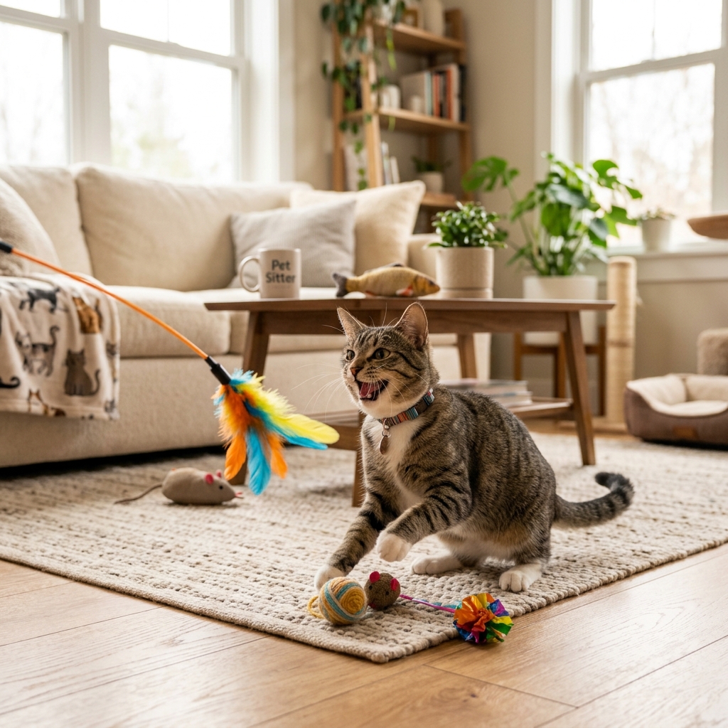 Happy cat playing with toys